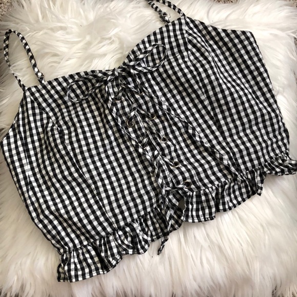 Full Tilt Tops - Gingham Corset Lace-Up Crop Top